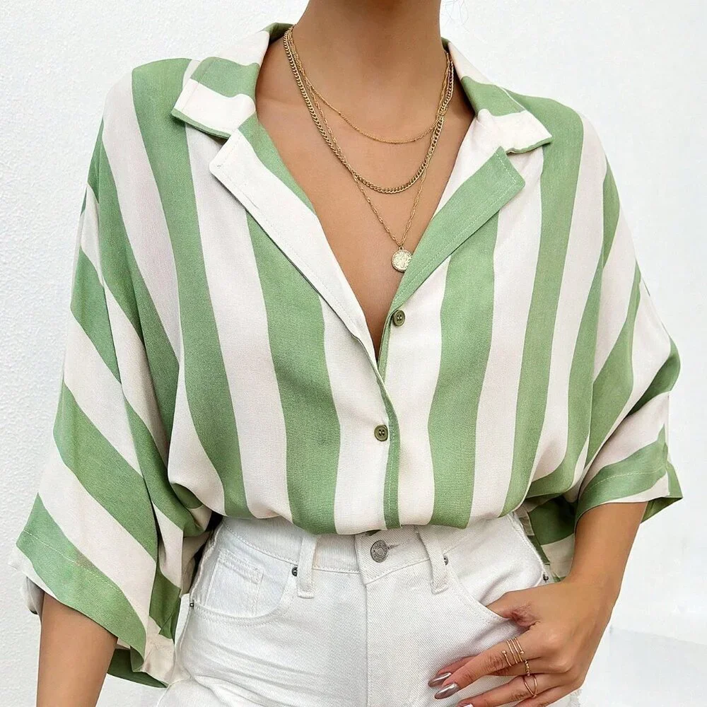 Green Casual Women's Batwing Sleeve Striped Shirt - Picture 5 of 6